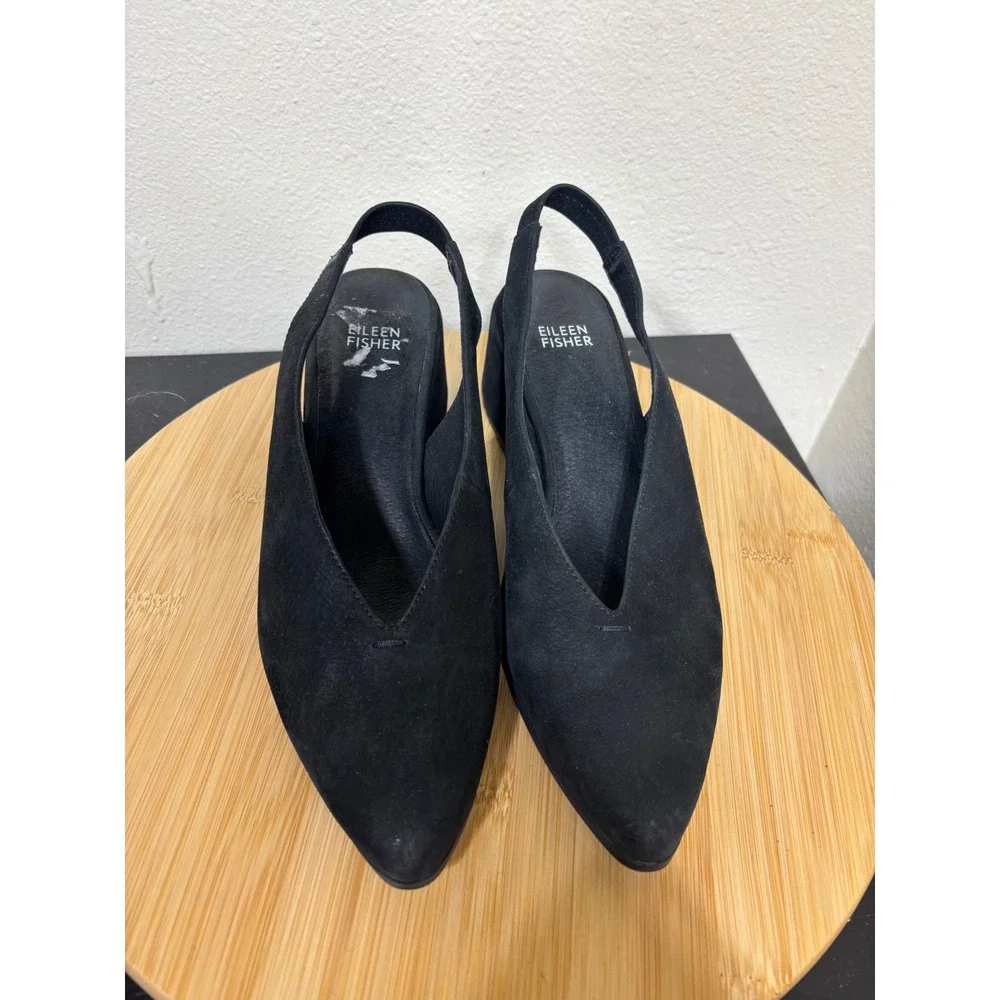 Eileen Fisher Wedges 8 Slingback Black Nubuck Pointed Toe V-Neck Pumps